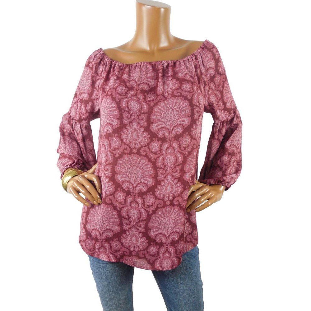 MICHAEL KORS Top M On/Off Shoulder Blouse Burgundy Print Shirt Lightweight